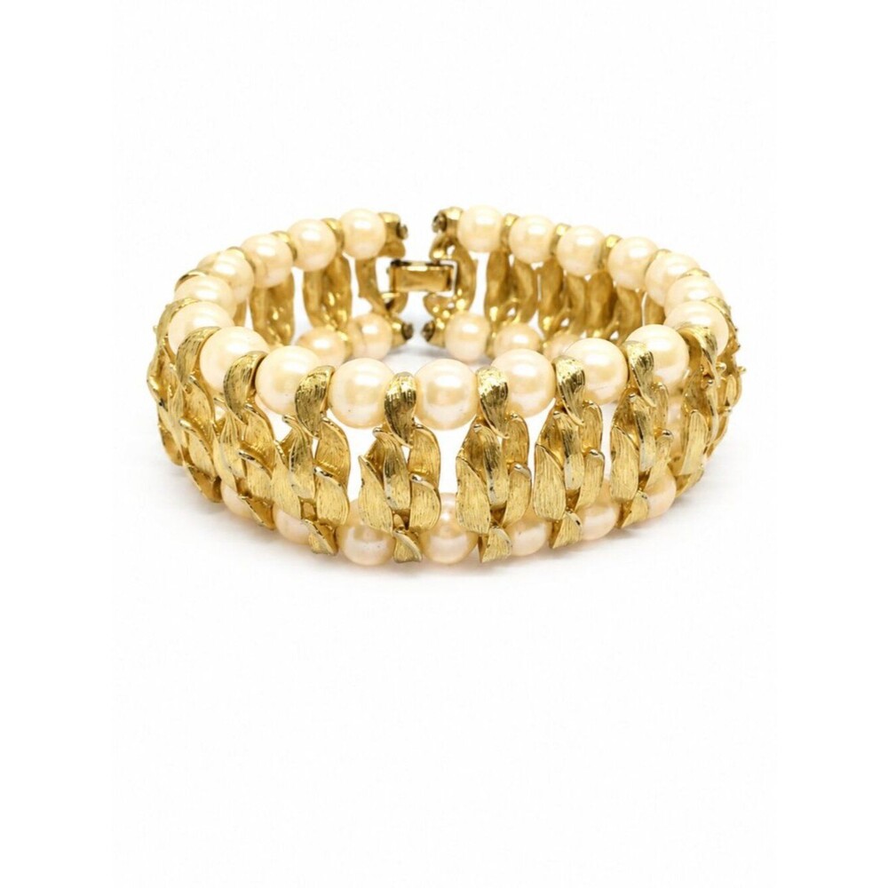 VINTAGE FAUX PEARL Bracelet Gold Tone Textured Link Wide Chunky Mid Century Mcm